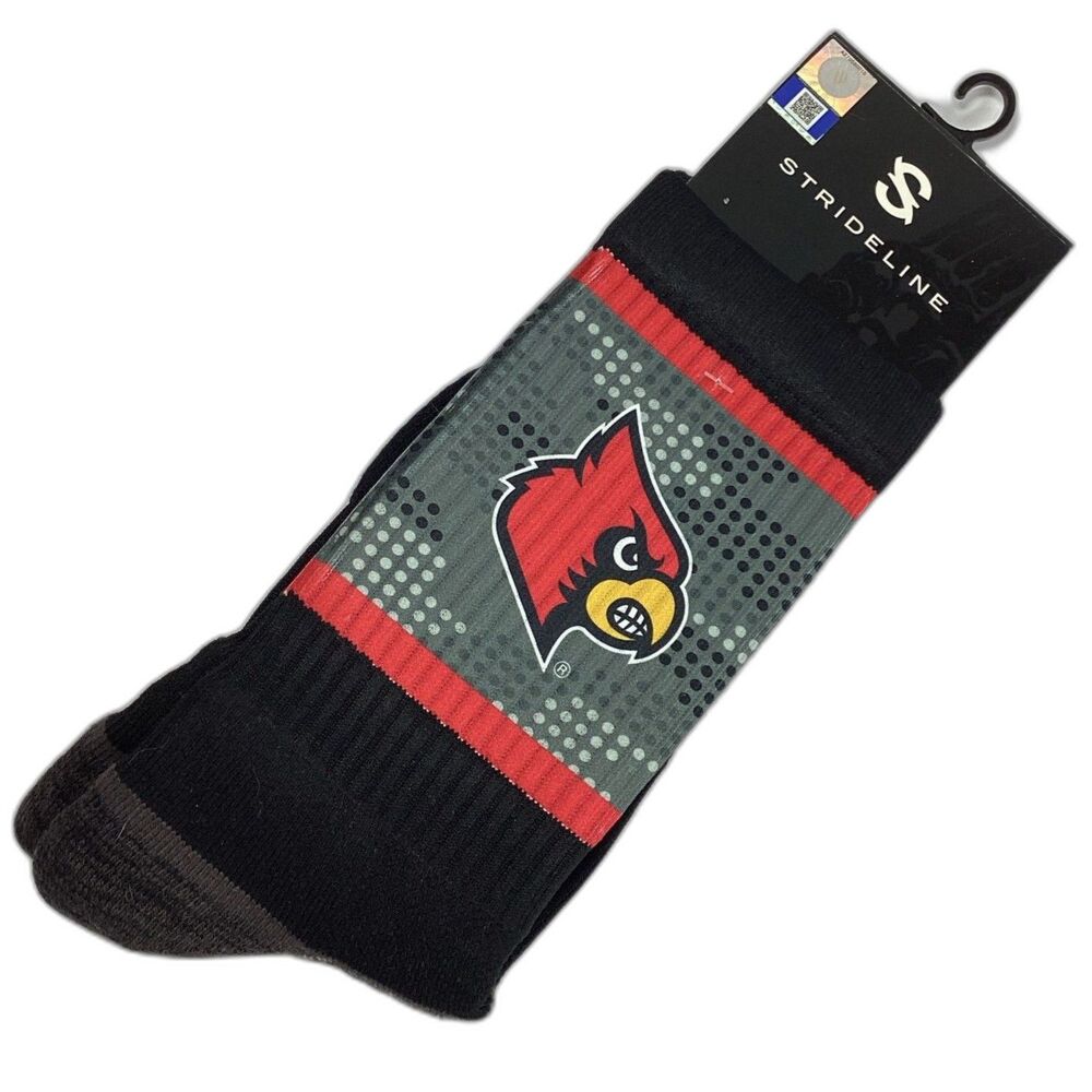 Strideline Louisville Cardinals Premium Crew Socks Mens Regular Black Red Logo